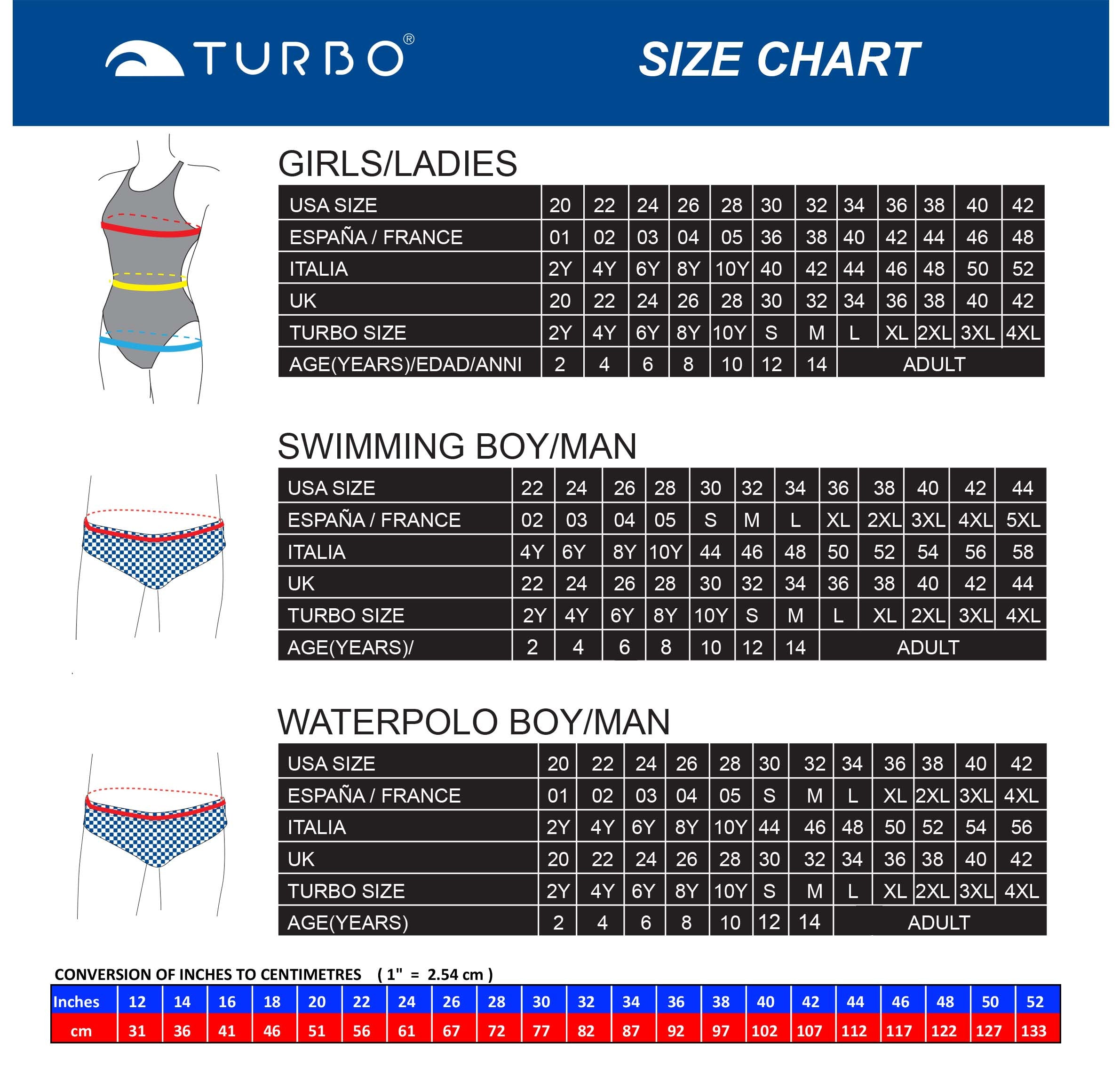 Turbo Water Polo Suit Size Chart