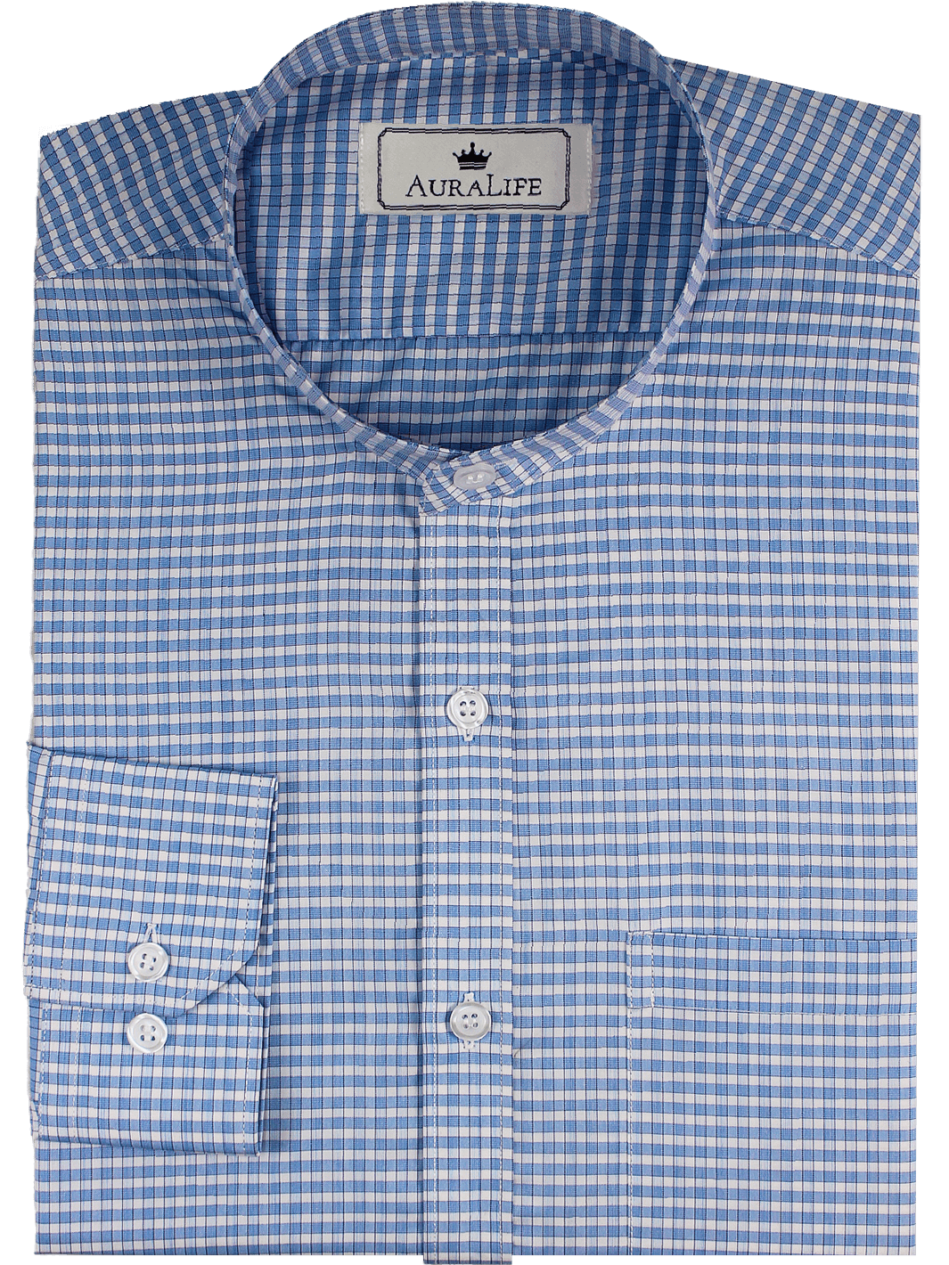 Men's Cotton Blend Check Shirt with Mandarin Collar - Light Blue (1329 ...