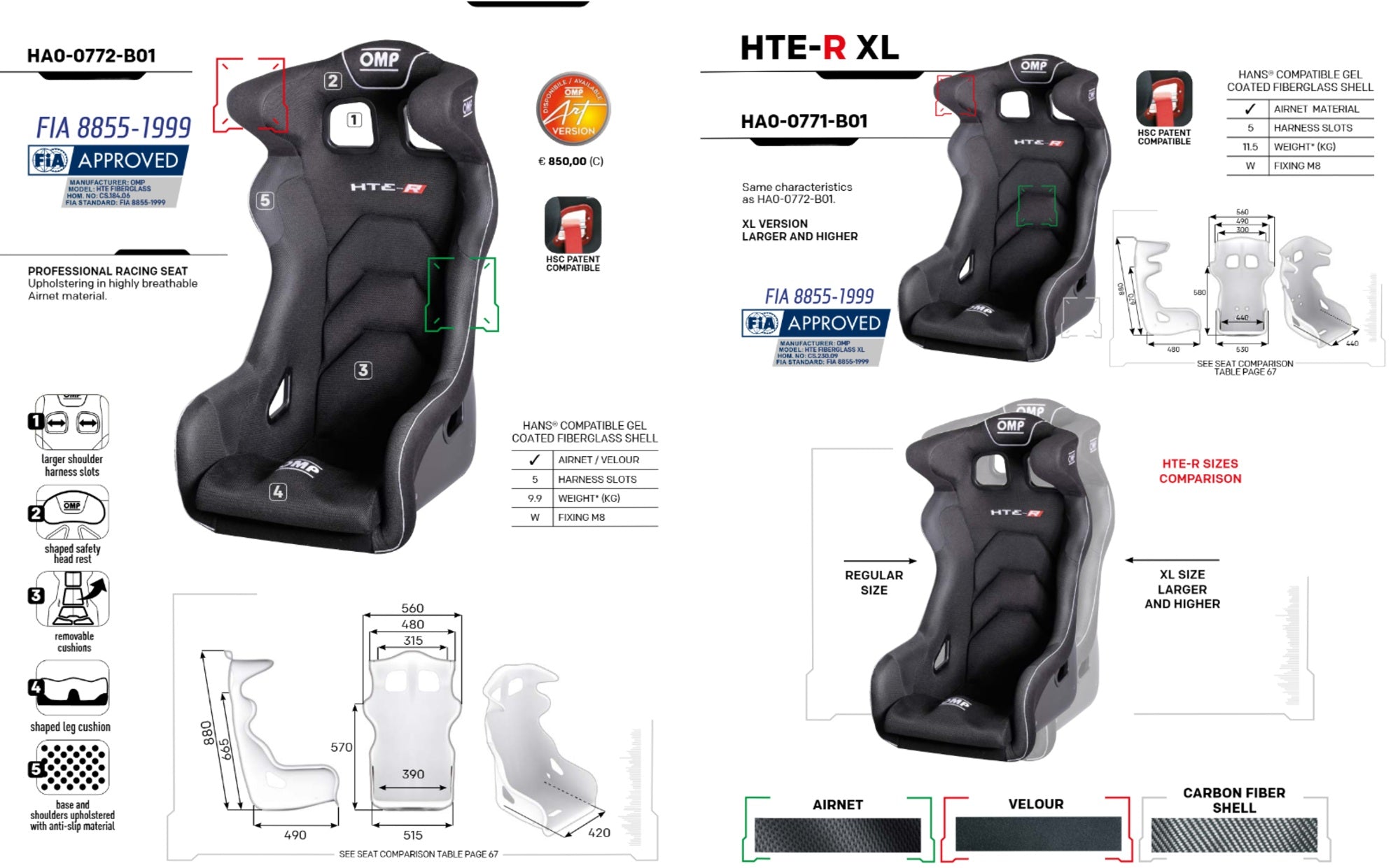 OMP HTE-R Gel-coated Fiberglass Race Seat FIA - Standard And XL Size -Fast Racer