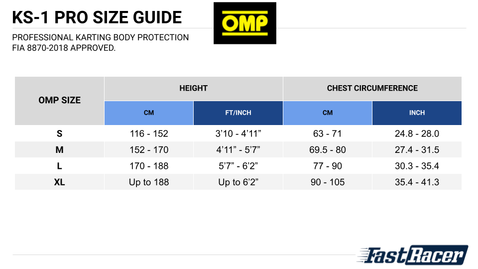 OMP KS-1 Body Protector - Karting Rib Protector - Sizing Chart - Fast Racer