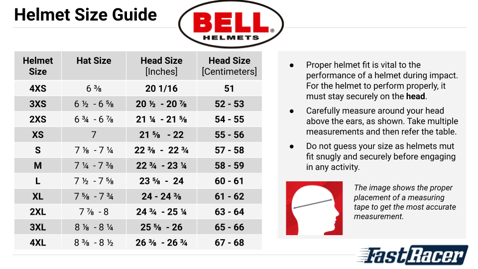 Bell Helmets, Youth Racing Helmet, Youth Kart Helmet - Sizing Guide - Fast Racer