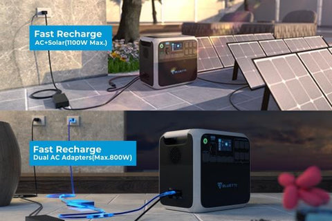 Photo of the Bluetti - AC200 1700Wh/2000W Portable Power Station charged in wall charger and a solar panel.