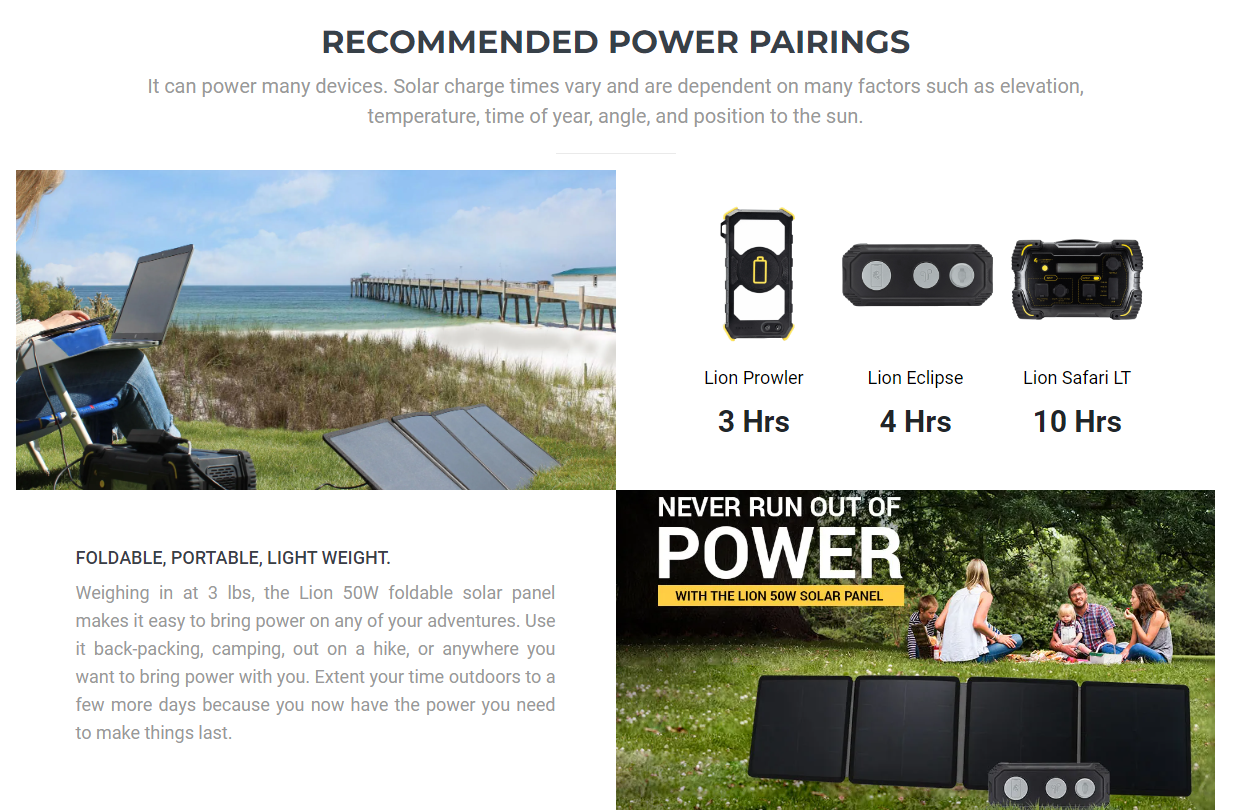 Lion Energy 50W Foldable Solar Panel power pairings