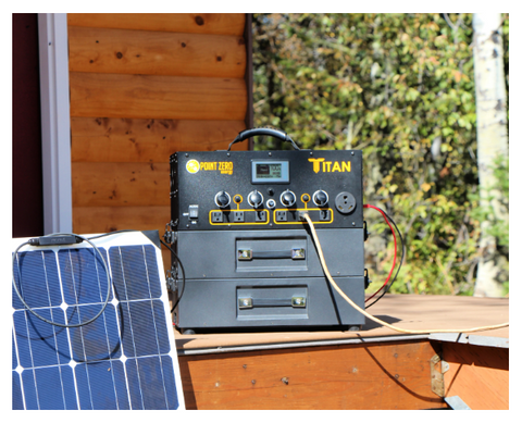 Picture of the Titan Solar generator with two batteries beside a Solar Panel outdoor.