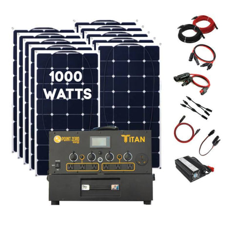 Picture of the Titan Solar Generator with 10 100 watt flexible solar panels (1,000 watts), with the wires and connectors on the right