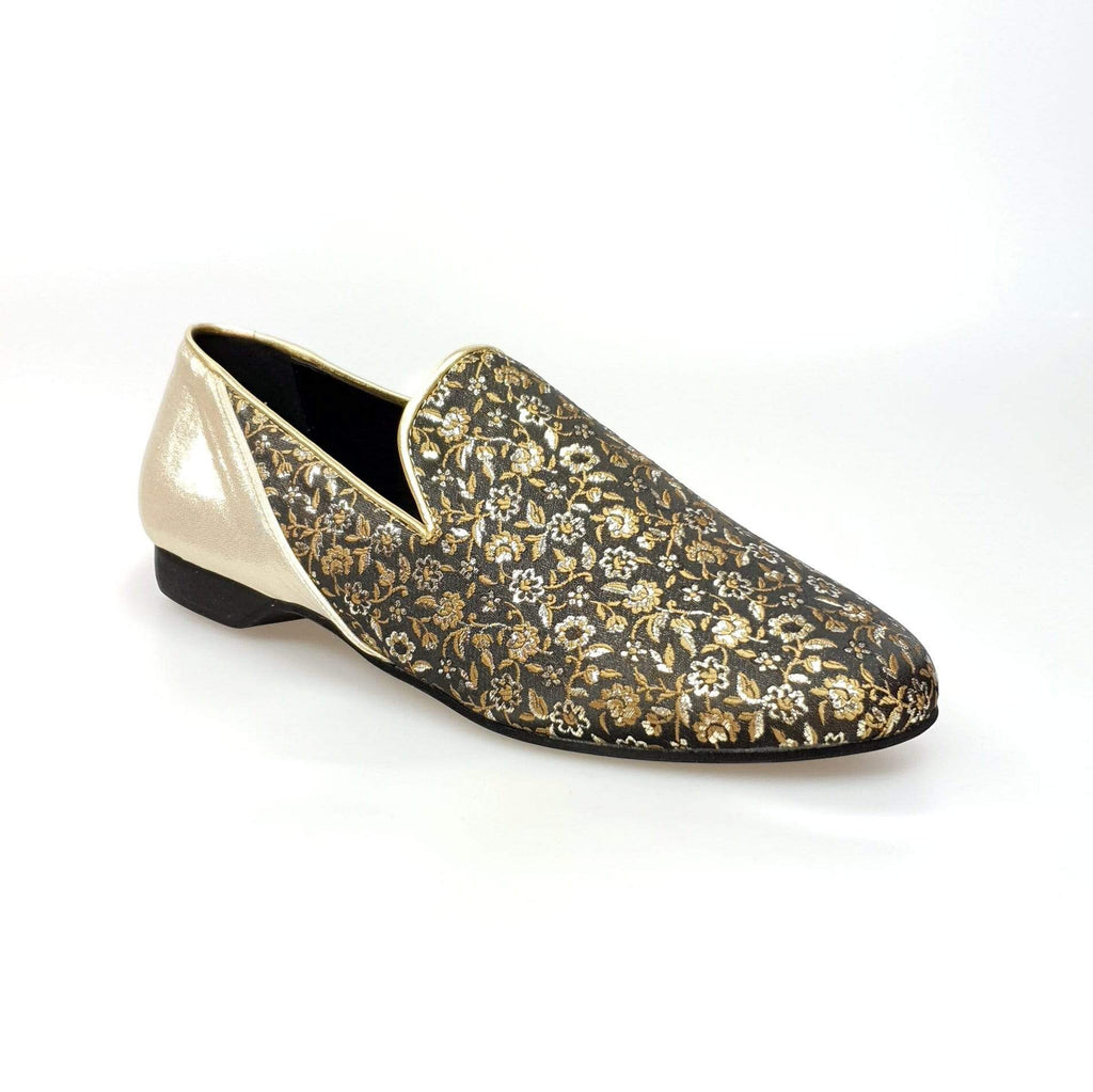 Serse (800B) - Men's Moccasin in Gold Floral Venetian Fabric and Gold ...