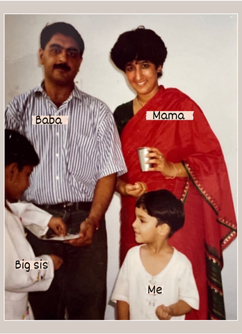Young Shubham with her mom, dad and sister in India.