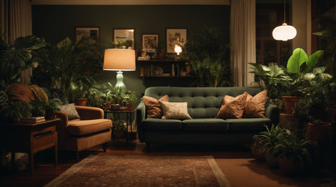 A dimly lit, cozy room filled with lush plants