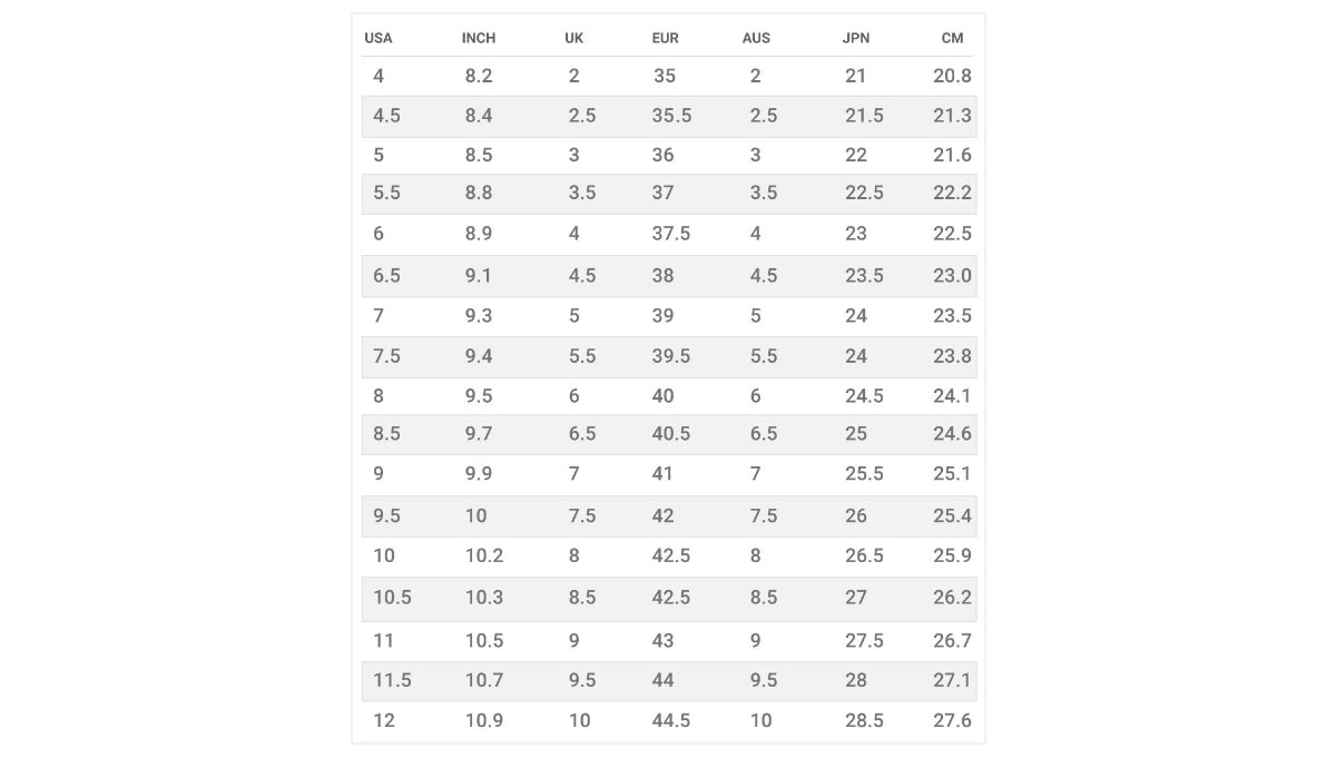 Taos Sizing Chart