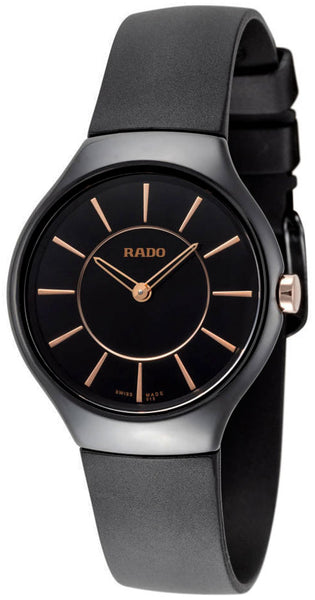 Rado Womens True Thinline R27742159 Analog Black Ceramic Case Rose Gold Hands Rubber Strap Swiss Quartz Watch