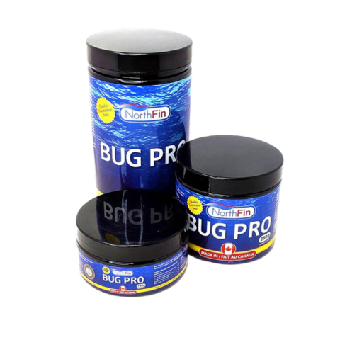 This picture shows 3 different sizes of NorthFin Bug pro to demonstrate the different sizes. Bug pro comes in round containers with twist off lists. The container is black with a blue sticker around it that says Bug Pro large on it