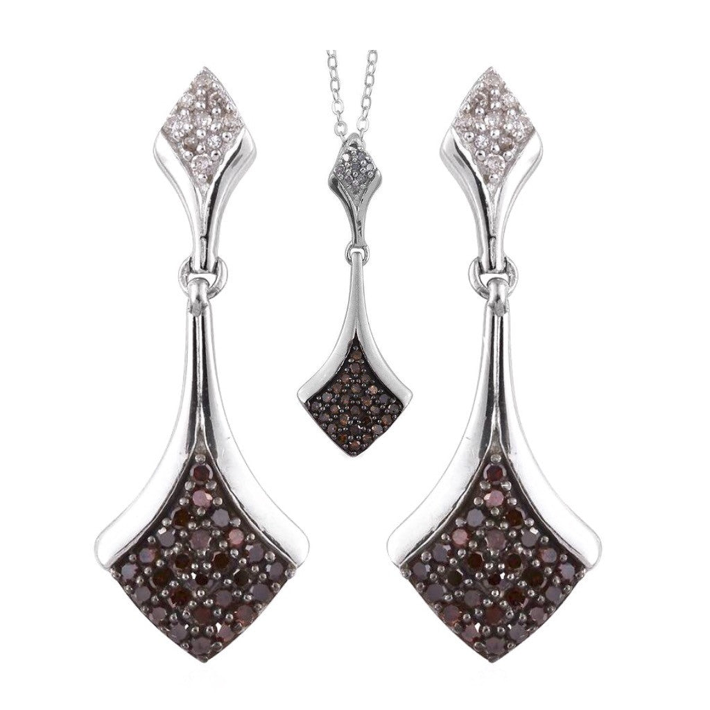 Platinum over Sterling Silver Red and White Diamond Pendant and Earring Set with Chain - Shop Until It Hurts