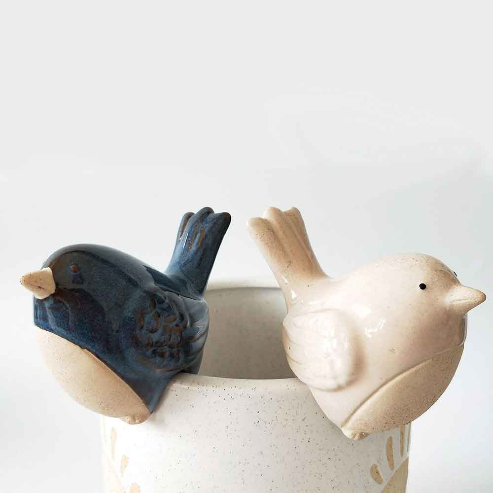 Ceramic Bird Ornament Planter Pot Set Of 2 White Blue Yellow Octopus