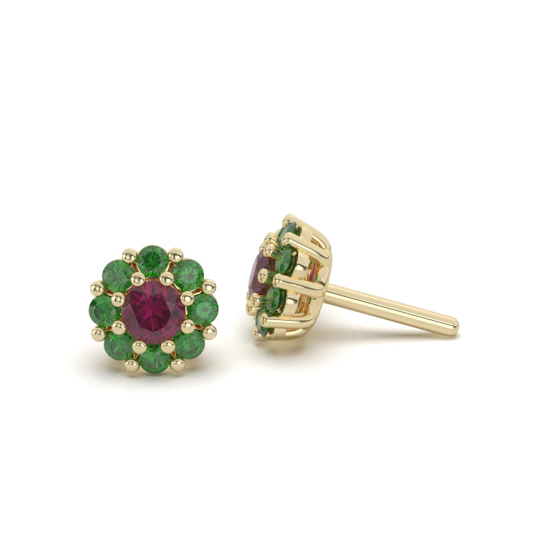 Flower Cluster Ruby Emerald Stud Earrings