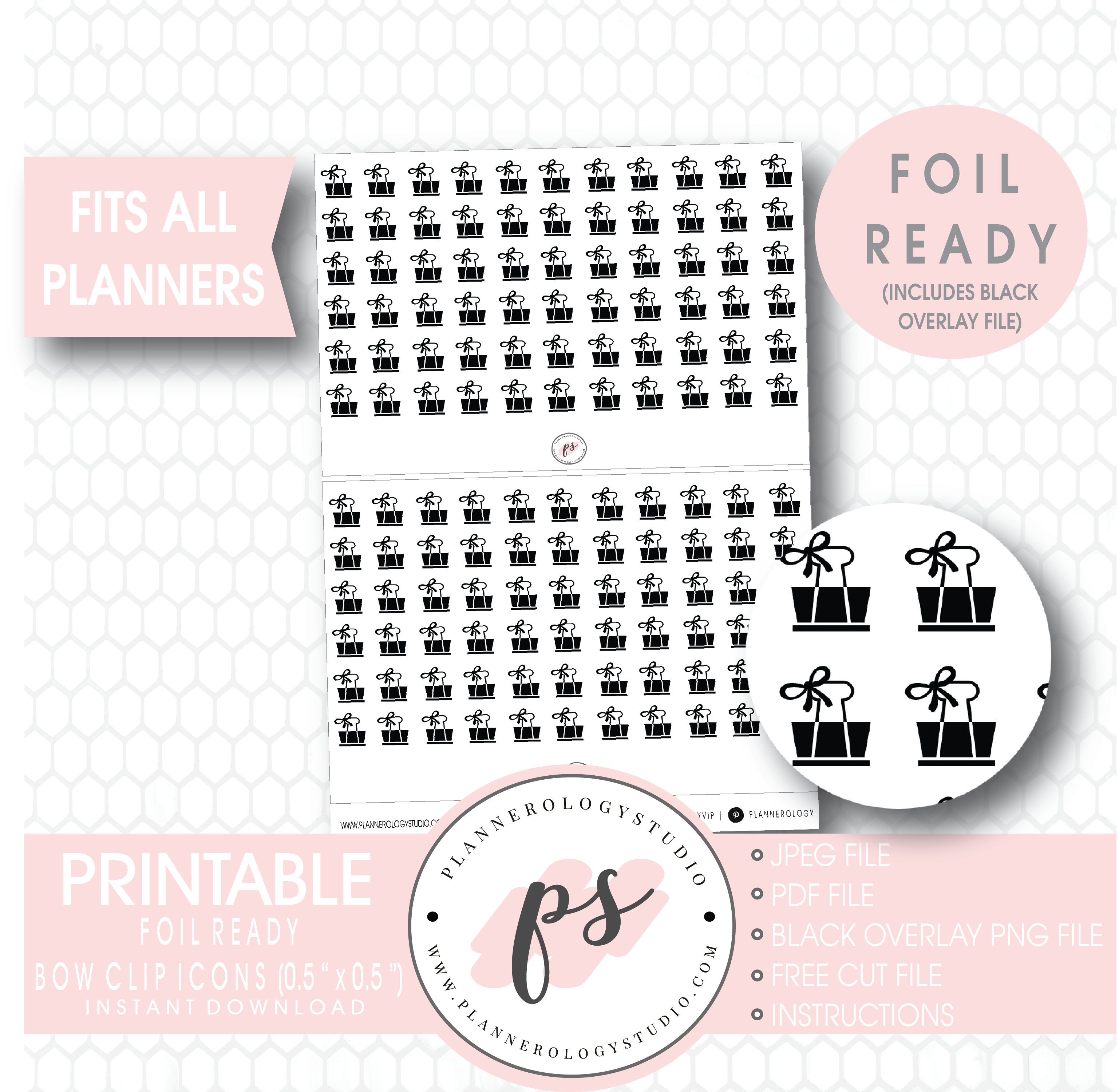 Bow Clip Icon Digital Printable Planner Stickers Foil Ready