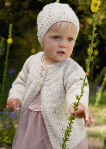 Trinity Cardi and Hat by Lisa F Design Knitted with Wild Earth Yarns natural yarns