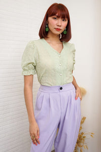 ALIVIA Buttoned Puff-Sleeve Eyelet Top (Sage Green)