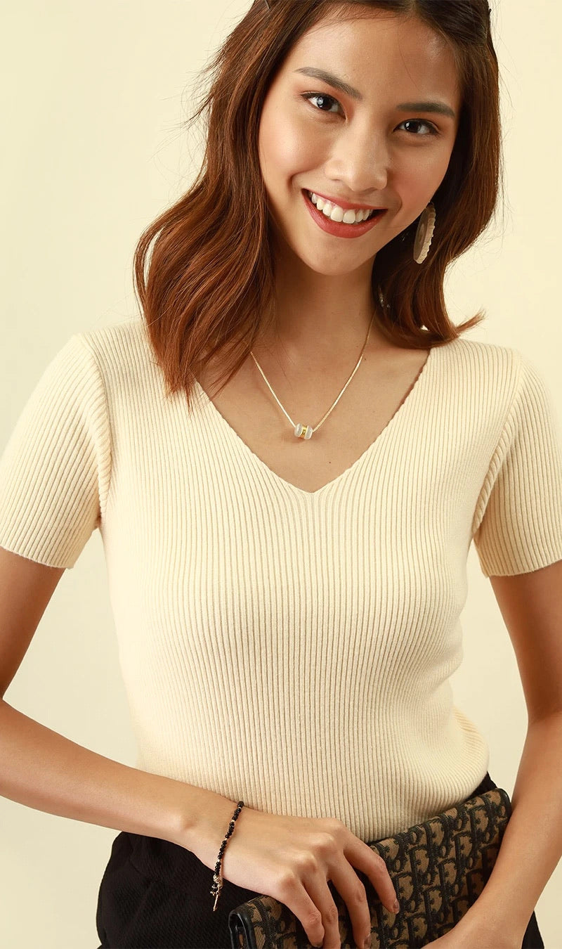 Kace V Neck Knit Top Custard