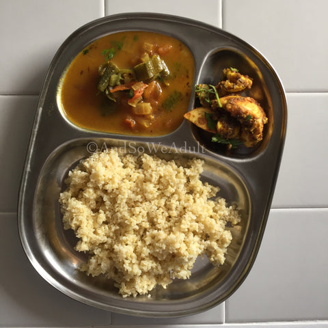 Bendakaaya Charu/Saaru (okra rasam, Andhra style) and Millet