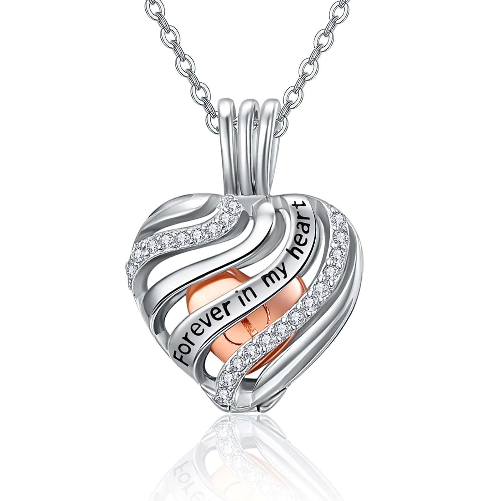Sterling Silver Two-tone Cubic Zirconia Heart Urn Necklace for Ashes with Engraved Word-1