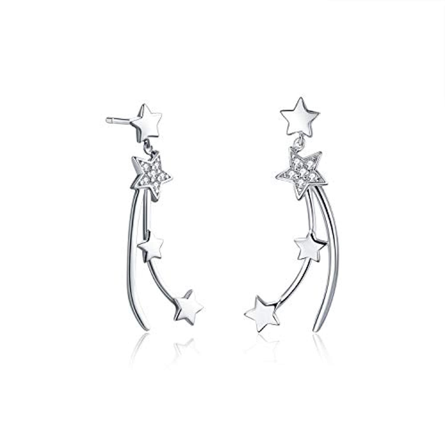 Sterling Silver Circular Shaped Cubic Zirconia Star Drop Earrings-1