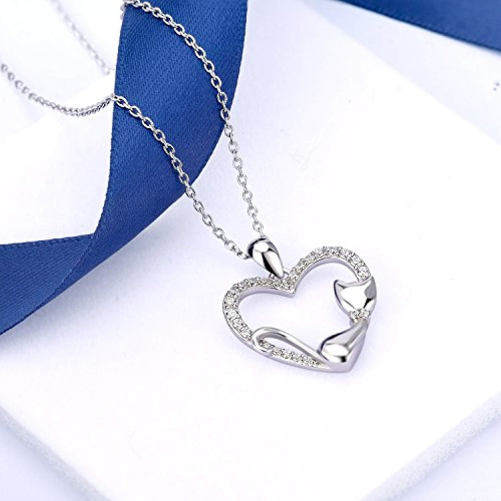 Cat Necklace Sterling Silver Sleeping Cat Heart Pendant