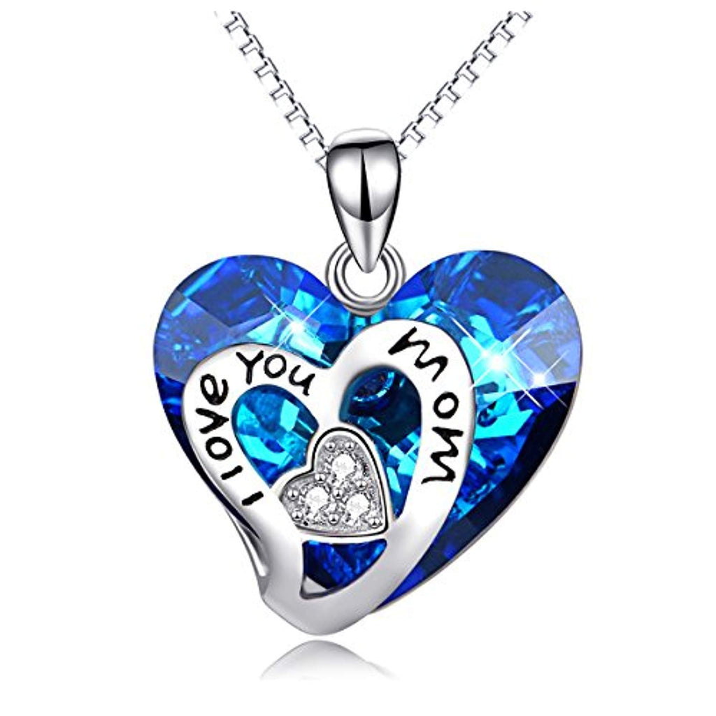 I Love You Mom 925 Sterling Silver Heart Pendant Necklace with Blue Cr ...