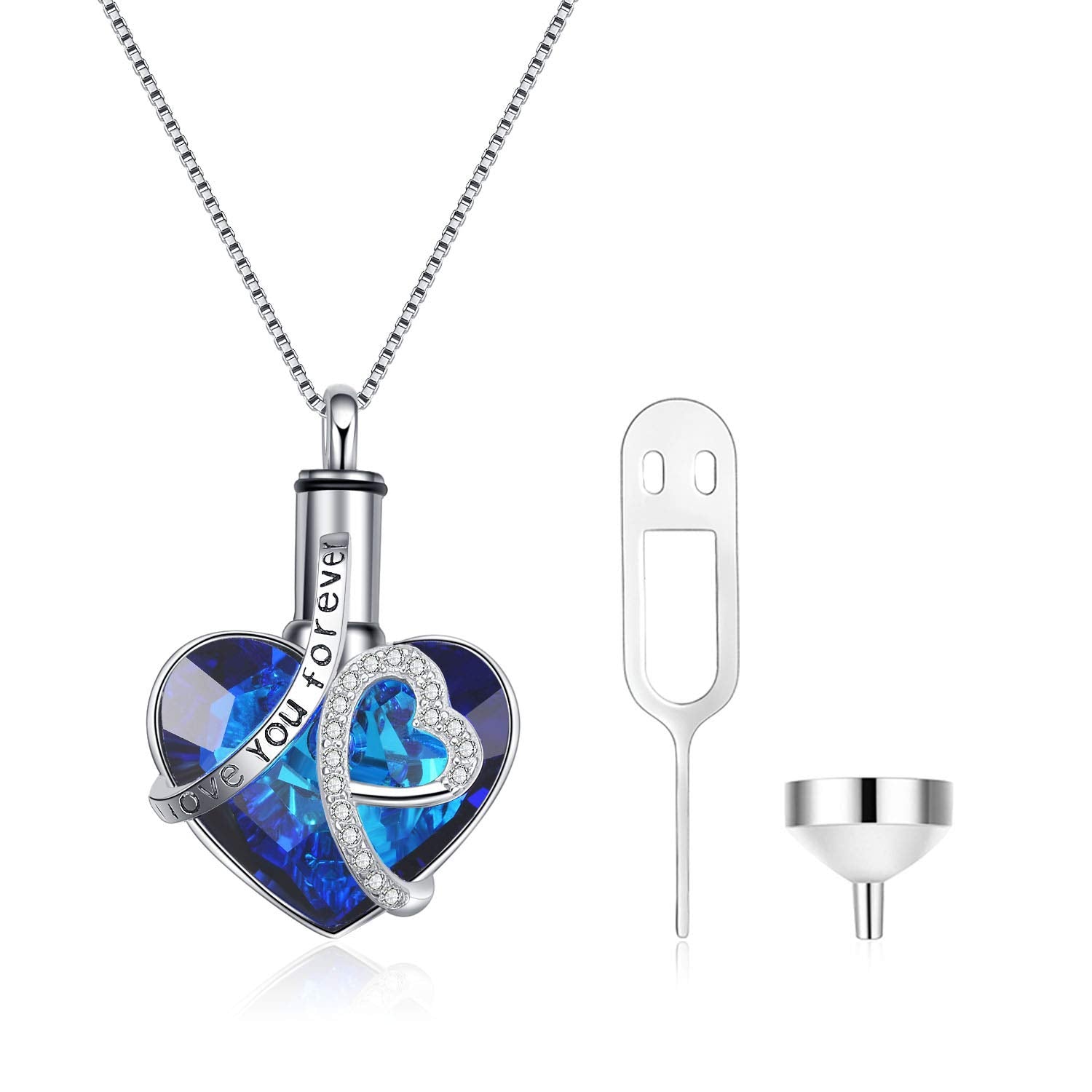 Sterling Silber Herz geformt Kristall Herz Urne Halskette für Asche mit eingraviertem Wort-1