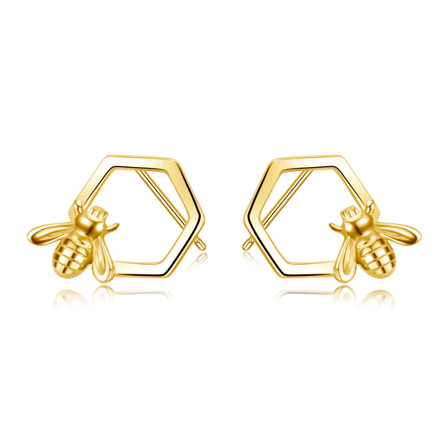 Sterling Silver with Yellow Gold Plated Bee & Honeycomb Stud Earrings for Women