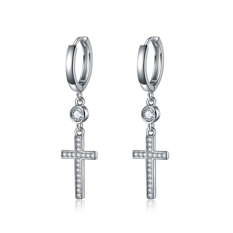 Cubic Zirconia Cross Clip On Dangle Hoop Earrings in White Gold Plated Sterling Silver - Yafeini Personalized Jewelry product image