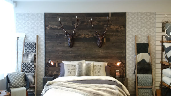 Wall Theory Bedroom HeadBoard using Black-Ish real distressed wood planks