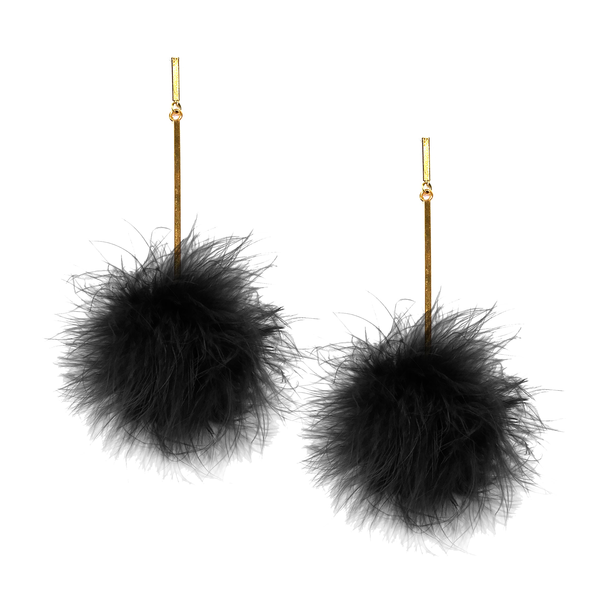 Black Marabou Pom Pom Earrings