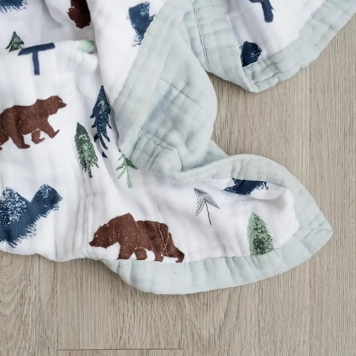 A soft baby blanket featuring playful bears and trees in a whimsical design.