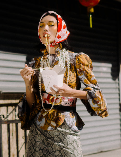 centinelle Poppy and Polka cats bandana on model at Lofficiel editorial