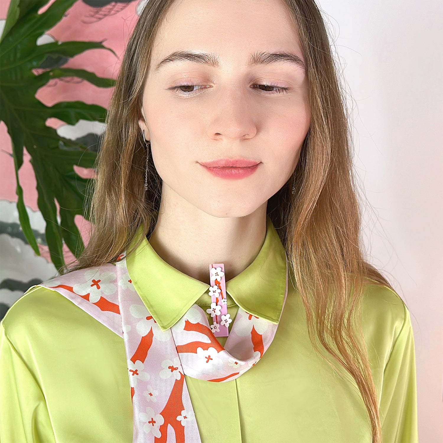 cherry blossoms twilly ribbon silk scarf as neck tie with hair clip