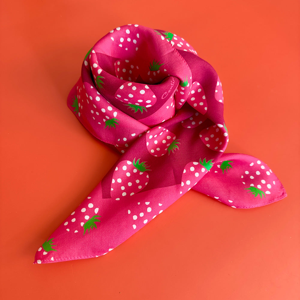 Neon strawberry cotton silk bandana with white polka dots