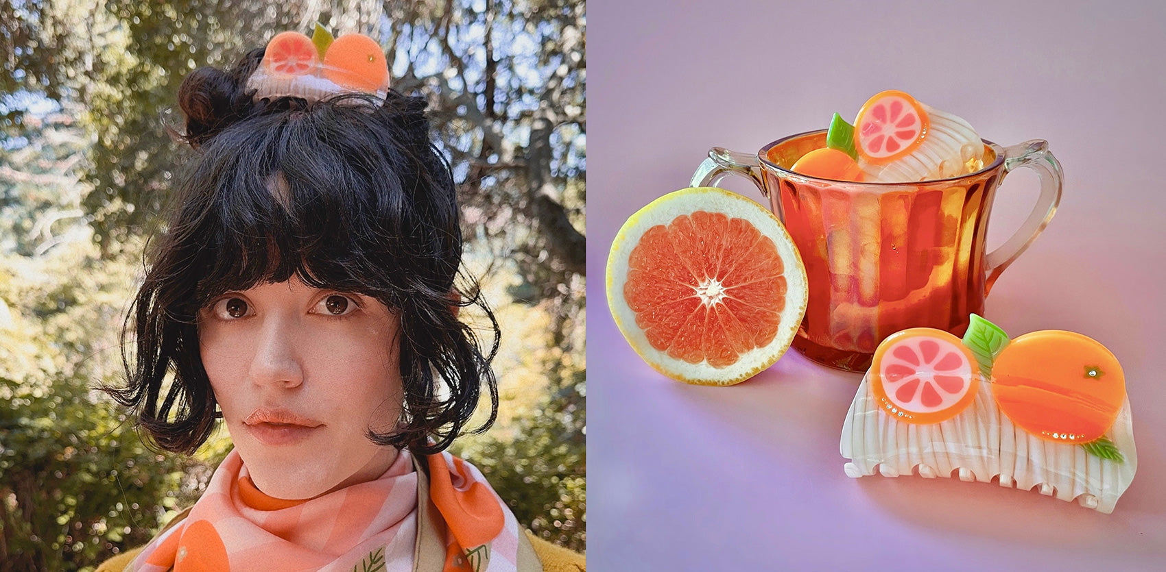 orange citrus california pomelo hair claw clip with neon hues on hair bun