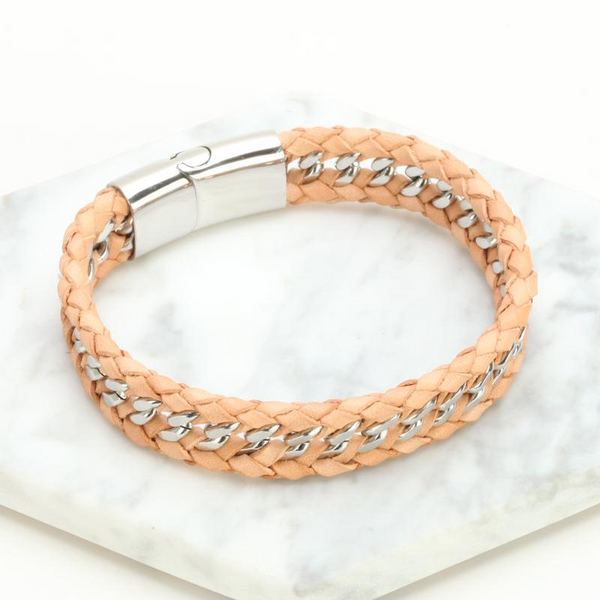 Mens Brown Leather Bracelet With Titanium Stainless Steel