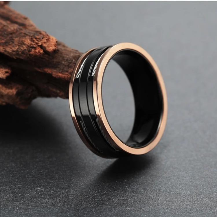 Black Titanium Ring With Rose Gold Edge & Cables Inlay For Men's - Mr ...