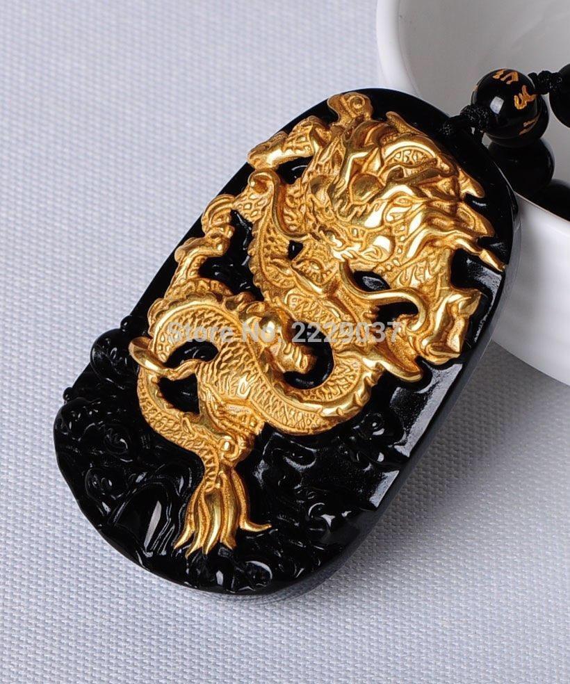 18k gold plated dragon carved obsidian necklace