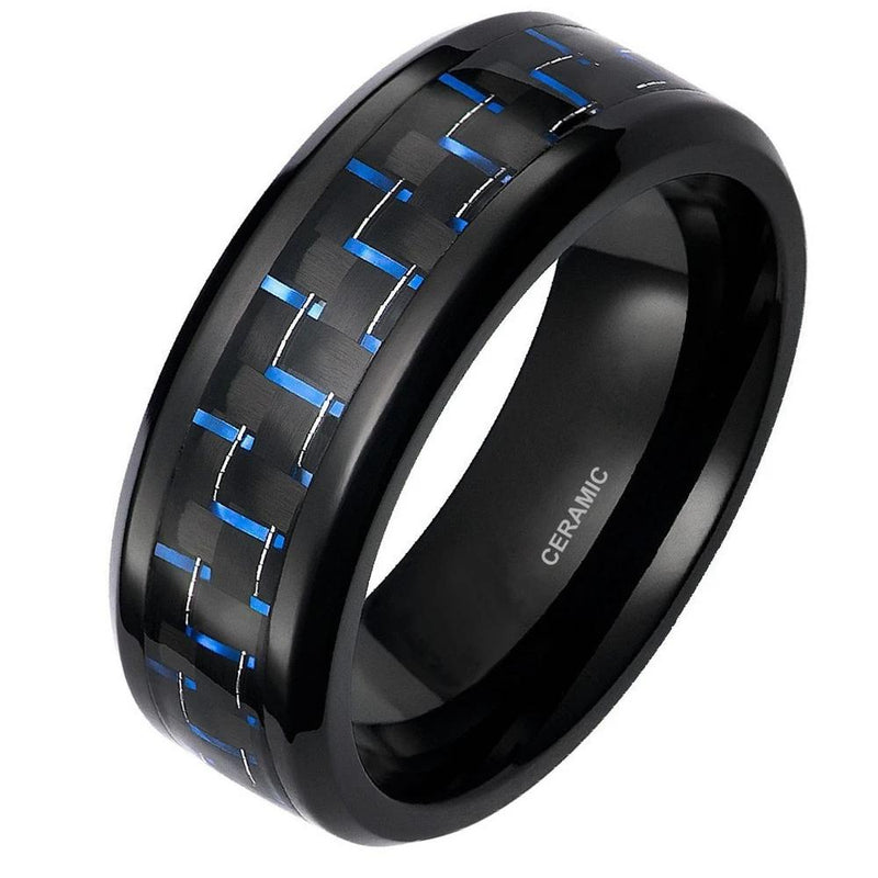Men's 8mm Black Ceramic Ring With Blue Carbon Fiber Inlay - Mr Peachy