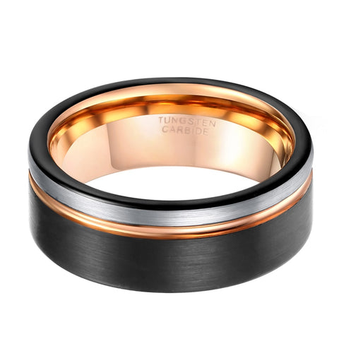 Men 8mm Tungsten Black Ring With Rose Gold Line – Mr Peachy