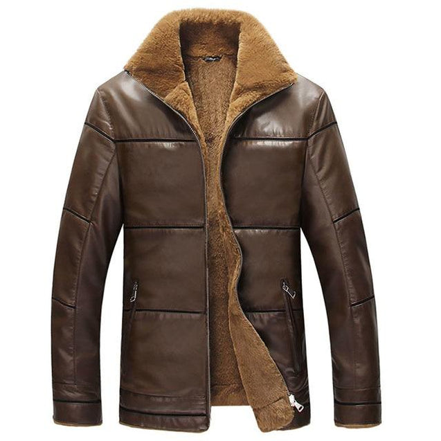 Slim Fit Leather Jacket With Fur Collar - Mr Peachy