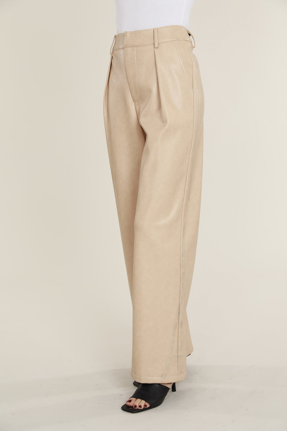 Faux Leather Crop Wide Leg Pants In Blanched Almond