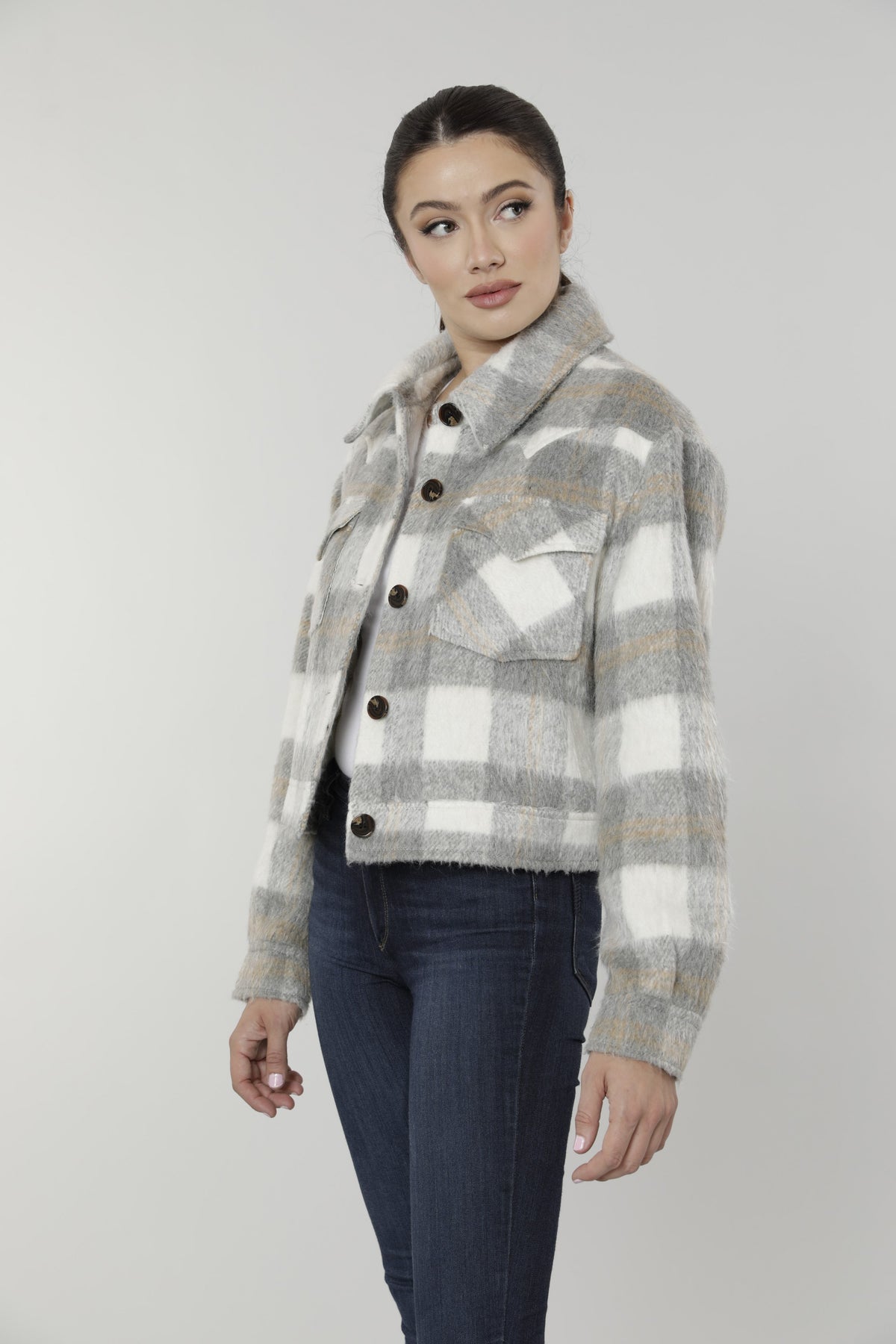 Brushed Flannel Plaid Short Jacket – Dolce Cabo