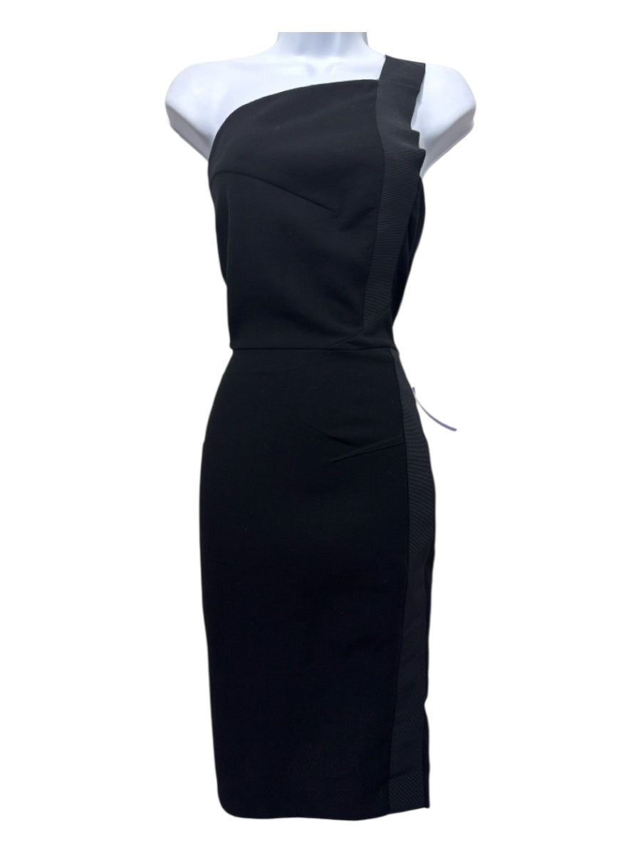 Roland Mouret Size 4 Black Wool Back Zip Grosgrain Ribbon Straps Dress