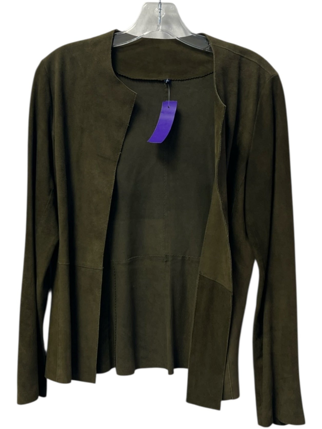 No Brand Size 40 Olive Green Suede Open Front Long Sleeve Collarless Jacket