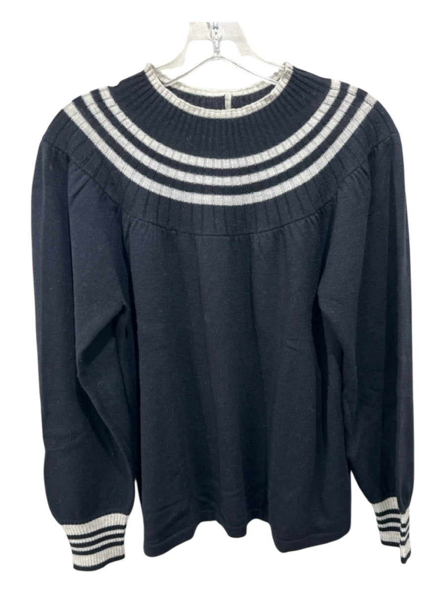 Indies Size 40 Black & White Wool Blend Stripe Accent Balloon Sleeve Sweater