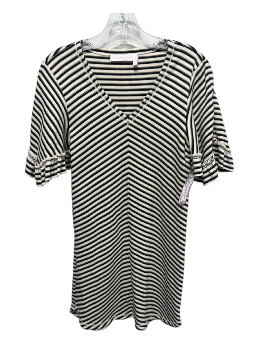 See By Chloe Size Small Black, Brown, Beige Cotton Flutter Sleeves Striped Dress