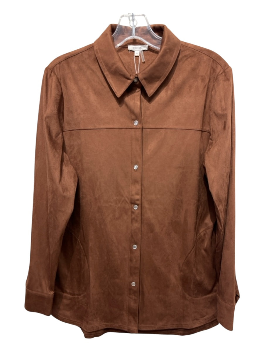 Tyler Boe Size M Brown Polyester Blend Button Front Collared Long Sleeve Top